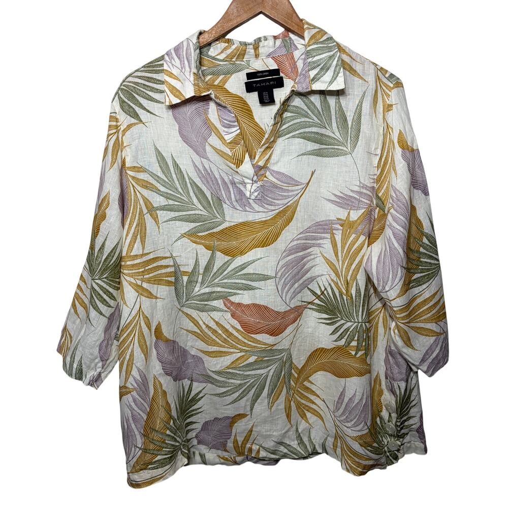 TAHARI Tunic Linen Tropical Leaf Floral Beachy Coastal Vacation Resort 1X